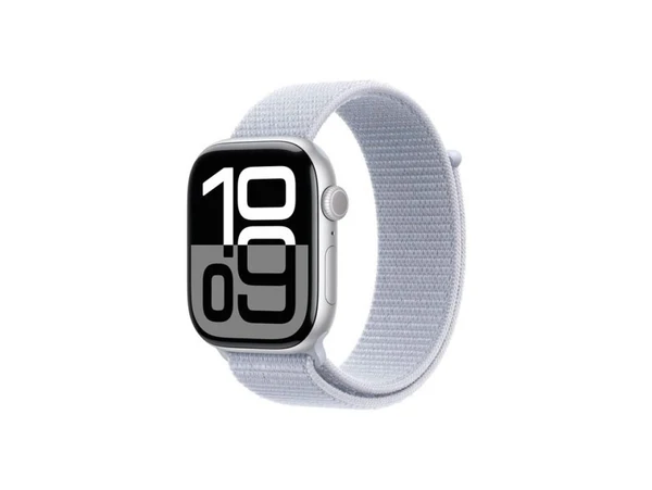 ابل ساعة الجيل العاشر جي بي اس - 46 ملم - هيكل من الألومنيوم الفضي مع حزام رياضي باللون الأزرق سماوي